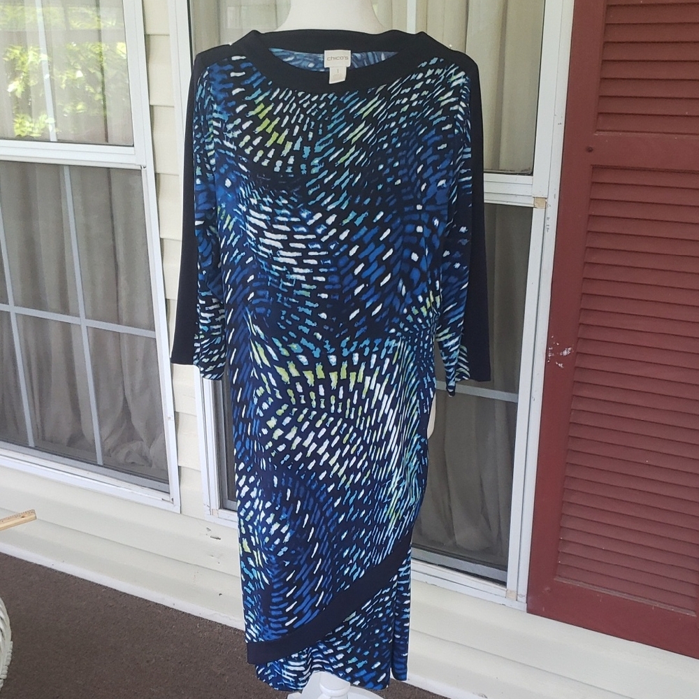 CHICO'S Faux Wrap Knee Lenght Elegant Blue Design Patterned Dress